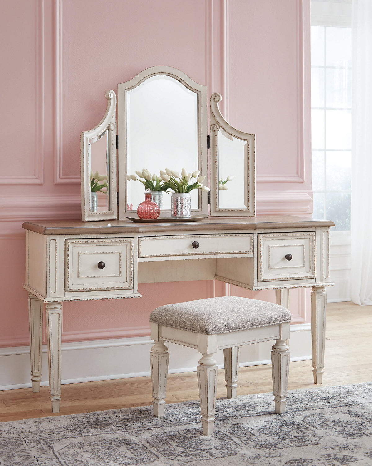 Realyn Vanity and Mirror with Stool