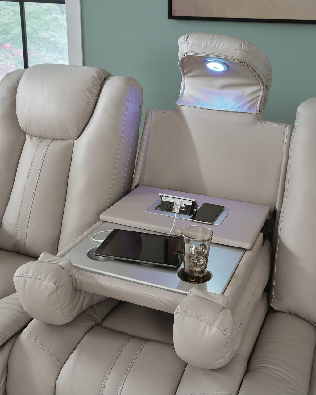 Elevate Edges Reclining Sofa with Drop Down Table